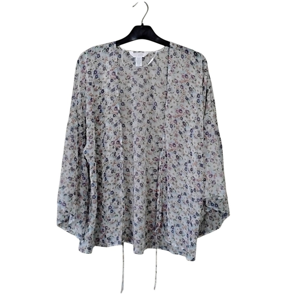 LC Lauren Conrad Floral Kimono Cardigan Purple Blue Sheer Tie Front Top Large